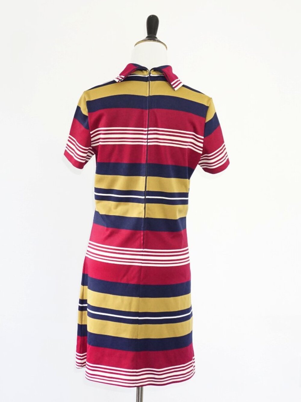 Vintage 60s Striped Short Sleeve High Collar A Line Dress S - Picture 5 of 6